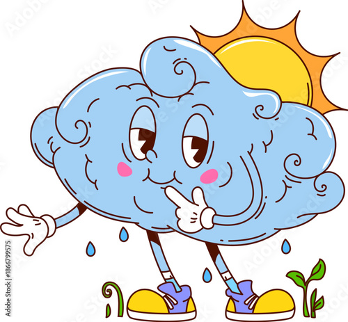 Funky groovy vector character of fluffy cute cloud with pink cheeks and thoughtful smile stands beside a glowing sun, small raindrops and green sprouts appear below. Funny figure with comic expression