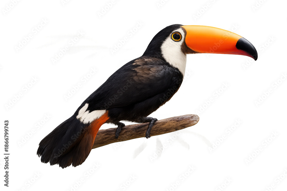 Obraz premium Toucan bird sitting on a branch, showing colorful beak and tropical wildlife, isolated on transparent background