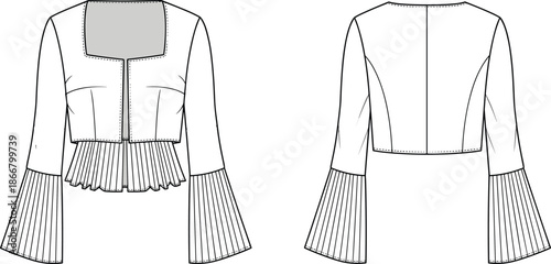 Technical Fashion Flat Sketch of a Woman Cropped Jacket Featuring Pleated Bell Sleeves and Peplum Detail for Apparel Design Reference