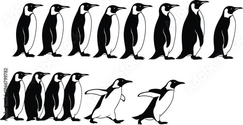 Collection of Black and White Penguin Silhouettes in Various Poses Including Standing in a Row and Walking on Isolated Background