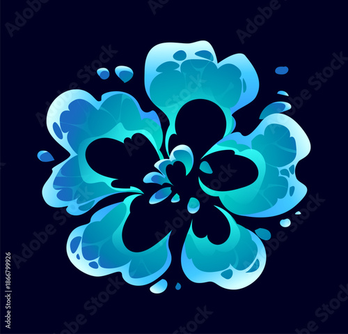 Cartoon water wave splash of liquid splatters explosion, vector flow swirl. Cartoon pure water or drink pour swirl with flow wave explode with drops and fizzy water droplets in water splash