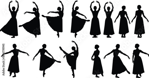 Set of Black Ballet Dancer Silhouettes Featuring Women in Various Graceful Dance Poses and Long Skirts for Performance Art Design