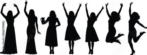 Collection of Women Silhouettes in Various Poses and Elegant Dresses Representing Celebration Happiness Success Freedom Femininity and Joyful Social Interaction