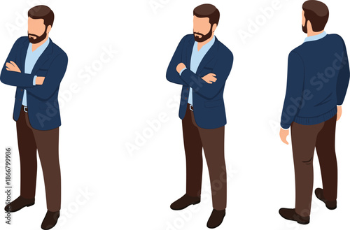 Isometric Illustration of a Professional Businessman with Folded Arms Shown from Front Side and Back Views for Corporate Design and Marketing