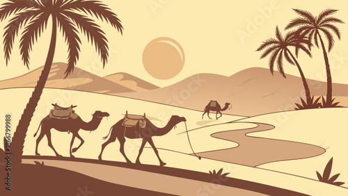 Camels crossing desert dunes