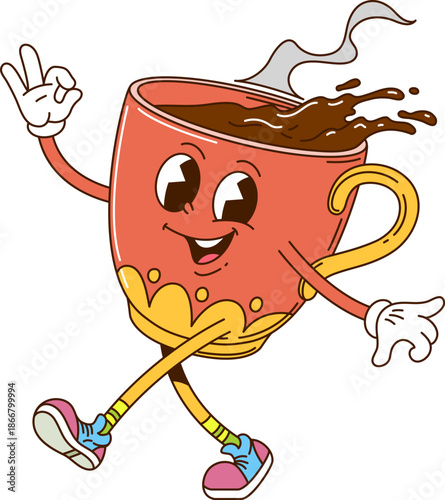 Retro cartoon groovy coffee cup drink character with smiling face, steam rising and ok finger gesture. Isolated vector red porcelain hot coffee mug retro breakfast personage with cheerful lovely face