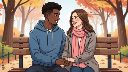 A cartoon illustration of a smiling couple holding hands on a park bench in autumn