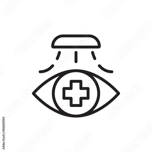 Industrial emergency eyewash station icon featuring a medical cross within an eye symbol and overhead water spray rays, symbolizing occupational health and safety compliance, first aid chemical.