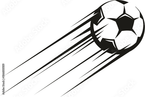 High speed flying football soccer ball with motion trails for goal, vector sport icon. Soccer game football ball flying high up for goal in fast speed motion with trail lines from kick for sport play