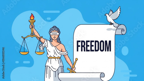 A vector graphic illustration of Lady Justice holding scales and a torch with a scroll reading freedom