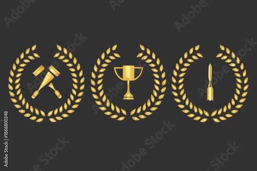 Golden emblems of a gavel trophy and bullet within laurel wreaths