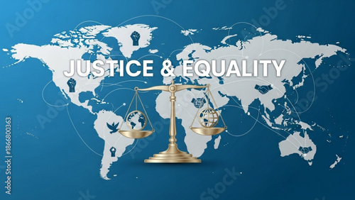 A vector graphic illustration of a scale of justice on a world map with the words Justice and Equality