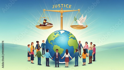 A diverse group of people standing around the globe with scales of justice above them