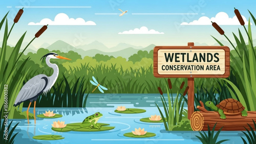 A colorful illustration of a wetlands conservation area with various wildlife and plants