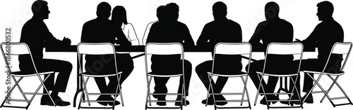 Business meeting group silhouette of people sitting around conference table illustration for teamwork, corporate discussion, office communication and leadership design