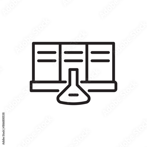 Industrial chemical storage cabinet icon featuring a reinforced three-compartment unit with a central laboratory flask symbol, representing hazardous material containment, laboratory safety protocols.