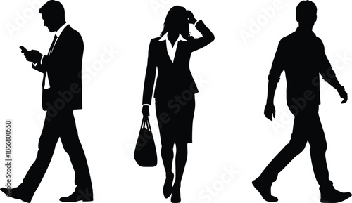 Business people walking silhouette collection of man and woman figures in urban lifestyle illustration for office, corporate, career design concept