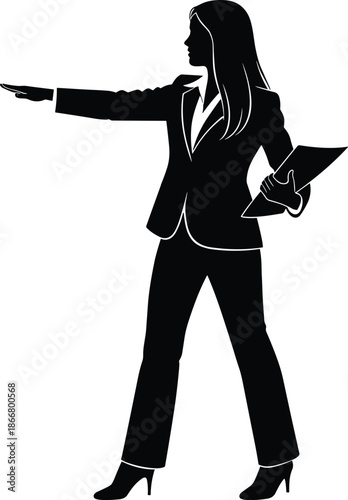 Business woman pointing and giving instruction, female professional silhouette holding documents, office leadership and management illustration on white