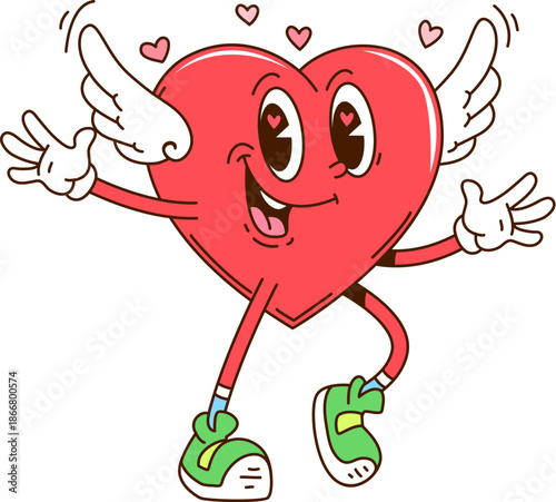 Groovy retro cartoon heart character with wings and sneakers dances happily with hearts around, embodying love and happiness on Valentines Day. Vector y2k personage symbol of affection or celebration