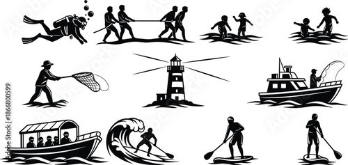 Coastal ocean activities and rescue scenes with divers, boats, lighthouse, surfing and paddle boarding, marine recreation silhouette illustration