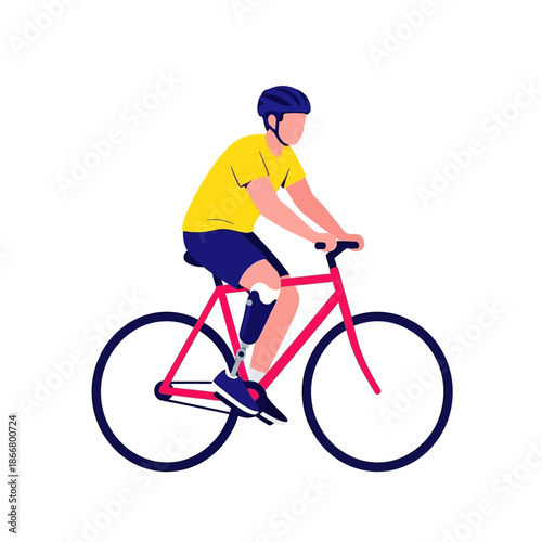 Disabled male cyclist with prosthetic leg riding bicycle wearing helmet for paralympic sport training concept vector illustration