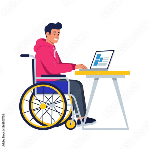 Young disabled man in wheelchair working on laptop computer at office desk for inclusivity and employment concept vector illustration