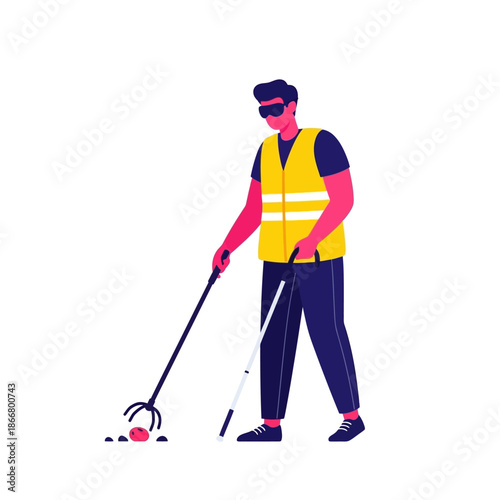 Blind male cleaner wearing safety vest picking up trash with grabber tool and holding white cane for inclusive employment concept vector illustration