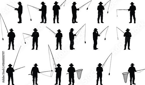 Fisherman silhouette collection with fishing rod casting poses man angler standing and holding net outdoor hobby illustration vector set