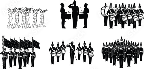 Marching band musicians performing parade formation with drums, trumpets and flags, ceremonial orchestra ensemble silhouettes for music illustration