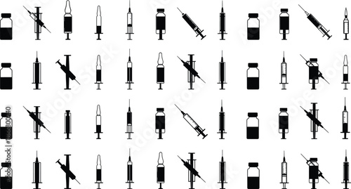 Medical syringe and vaccine vial icons set with ampoule and injection needle healthcare vaccination equipment vector illustration collection