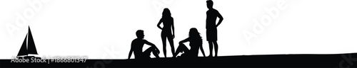 Group of friends silhouette relaxing on beach near sea, summer vacation lifestyle concept, youth bonding, travel illustration, minimal coastal scene