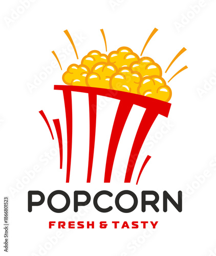 Popcorn icon, pop corn vector label. Movie snack badge featuring popped corn kernels. Retro cinema icon with typography and vintage snack bucket for movie theater branding, food labels