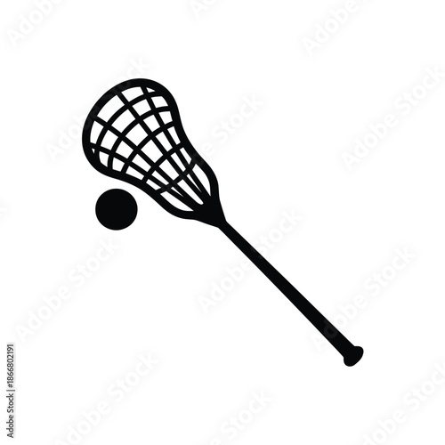 A simple black and white illustration of a lacrosse stick and ball