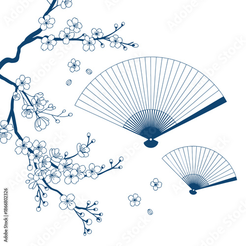 Cherry blossom branch with traditional japanese fans a delicate design