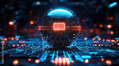 Glowing sphere with electronic components. It emits blue and red light, set on a circuit board