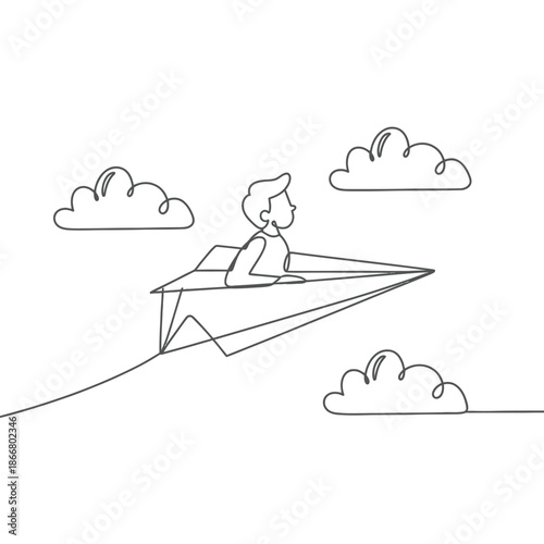 A boy dreams of flying with a paper airplane and fluffy clouds
