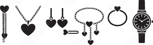 Collection of heart shaped jewelry like necklaces earrings rings and watch for women