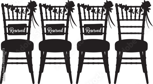 Elegant reserved wedding chairs decorated with flowers and ribbons vector illustration set