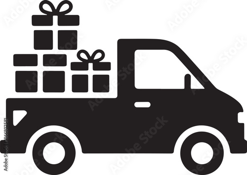 Delivery truck silhouette loaded with gift boxes logistics cargo shipment transport flat vector illustration.