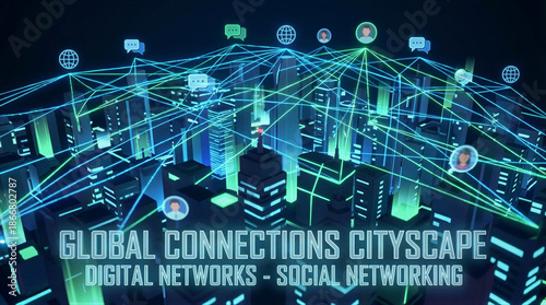 Global digital networking event in urban cityscape visualizing social connections and networks at night