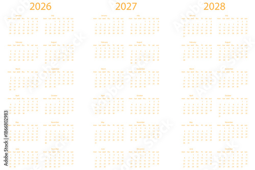 English 2026, 2027, 2028 calendar. Simple editable vertical vector calendar set perfect for planning scheduling organizing personal and business use. eps 10