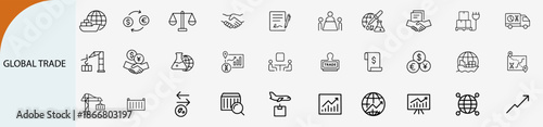 global trade and logistics outline icons, international business vector set