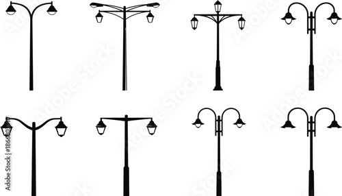 Set of vintage and modern street lamp post silhouettes, urban outdoor lighting poles and decorative city lantern designs collection