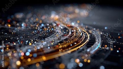 Abstract digital visualization of interwoven glowing spheres and lines