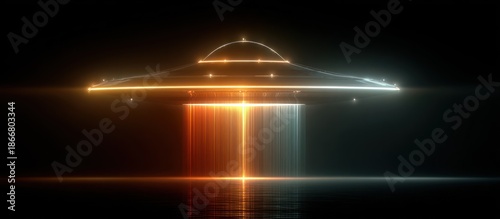 A glowing, futuristic spacecraft hovers, beaming light downwards, reflecting