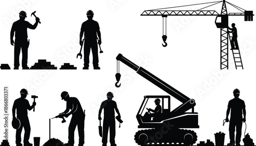 Silhouette construction workers with cranes and heavy equipment on building site, industrial labor teamwork and machinery concept illustration