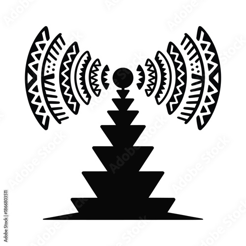 Aztec inspired vector drawing of wifi transmitter signal tower emitting tribal style waves with geometric patterns on white background creative illustration