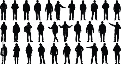 Silhouettes of people in casual winter clothing standing and gesturing in different poses, men and women isolated on white