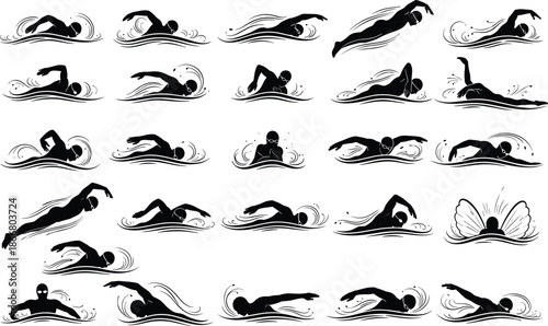 Swimming athlete silhouette collection performing freestyle and butterfly stroke in water motion sport training illustration vector set