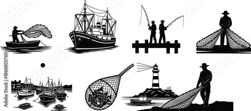 Traditional fishermen casting nets, fishing boats at harbor and lighthouse coastal scene, vintage maritime fishing industry silhouette illustration on white
